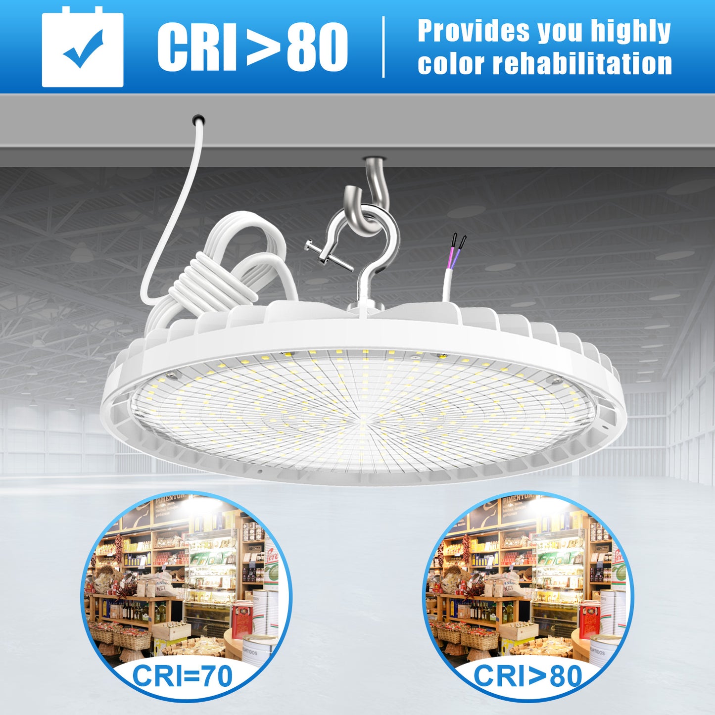 90W 120W 150W 200W 240W LED UFO High Bay Light 4500K/5000K/5700K 0-10V Dimming Shop Lights with US Plug, Wet Location UL DLC Listed