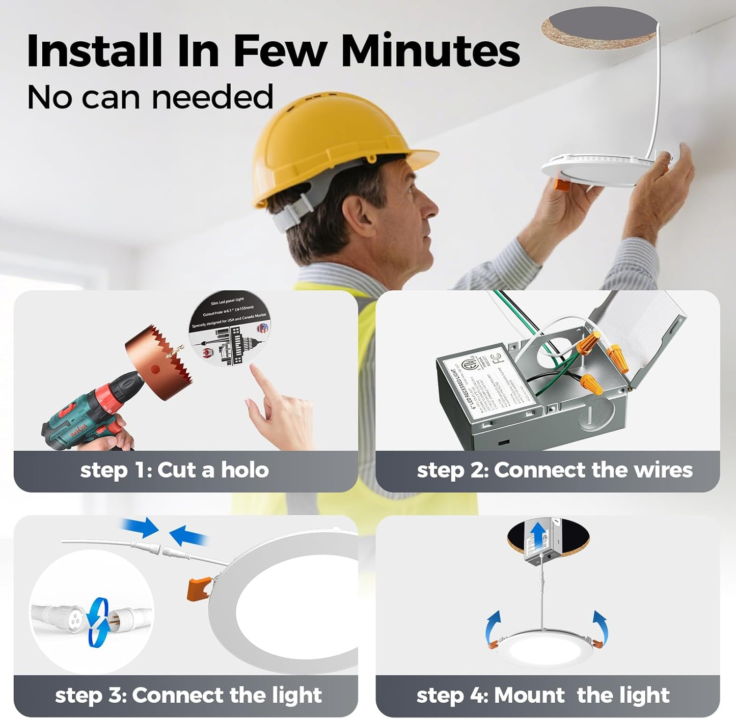 LED Recessed Lighting 4IN/9W 6IN/12W 8IN/18W Dimmable 5CCT (2700K–5000K) Ultra-Thin Canless Downlight IC Rated Ceiling Light for Kitchen, Bathroom & Commercial Use, 24 Pack
