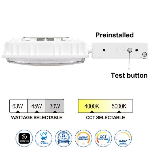 White LED Canopy Light with Emergency Battery Backup, 63W/45W/30W Selectable, 4000K/5000K, 9400 Lumens, 120-277V, UL Commercial Parking Garage Lighting