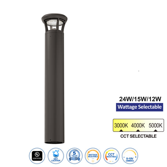 LED flat top bollard light with 24W 15W 12W selectable wattage and 3CCT for commercial outdoor pathway lighting