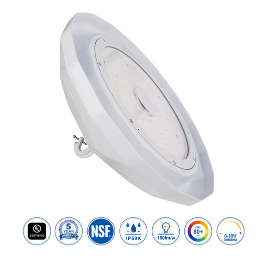 NSF Rated LED Food Processing Light 150W 200W 5000K Dimmable UFO High Bay Food Safety Wash Down Lighting, IP69K UL Listed