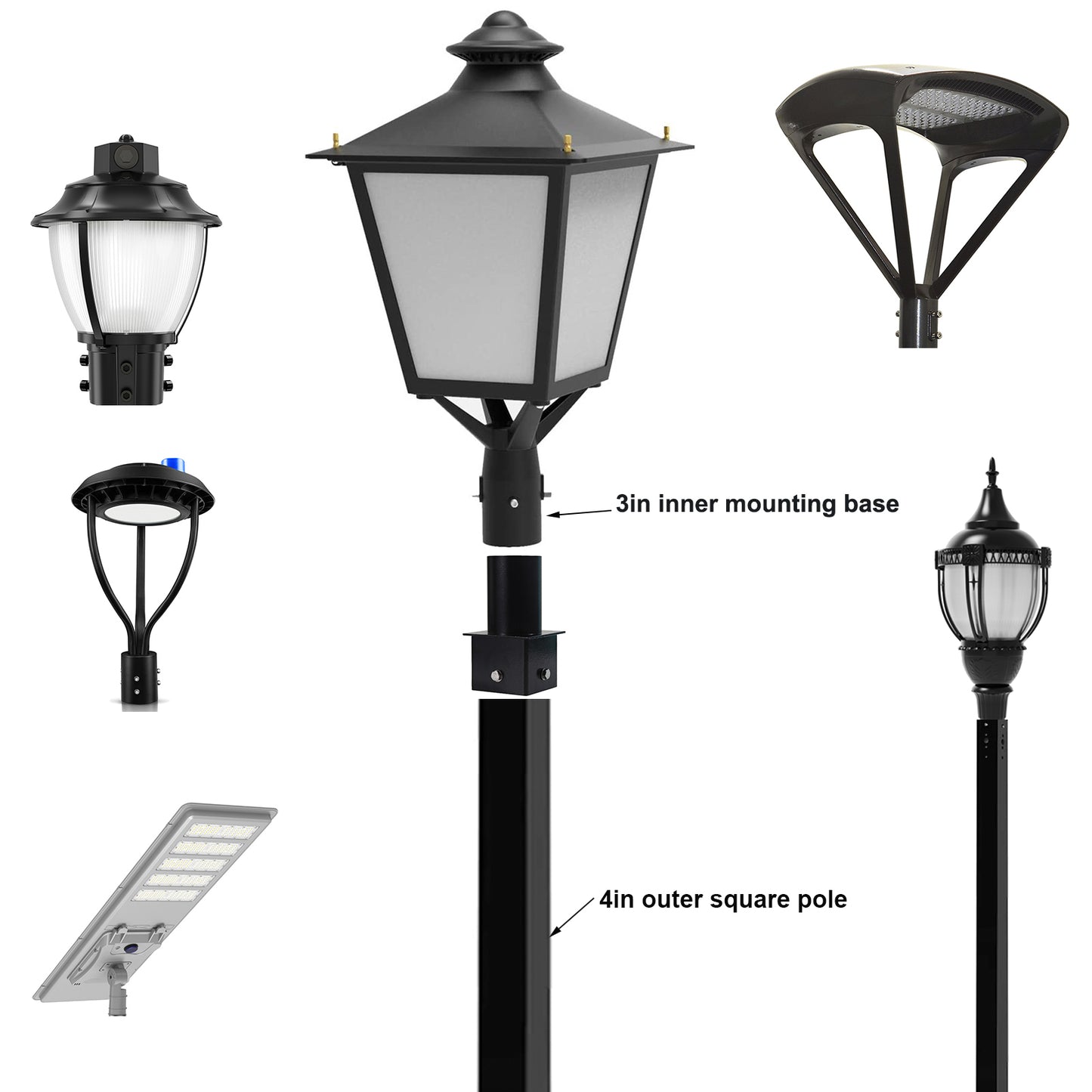 Square pole tenon adapter installed on commercial light pole