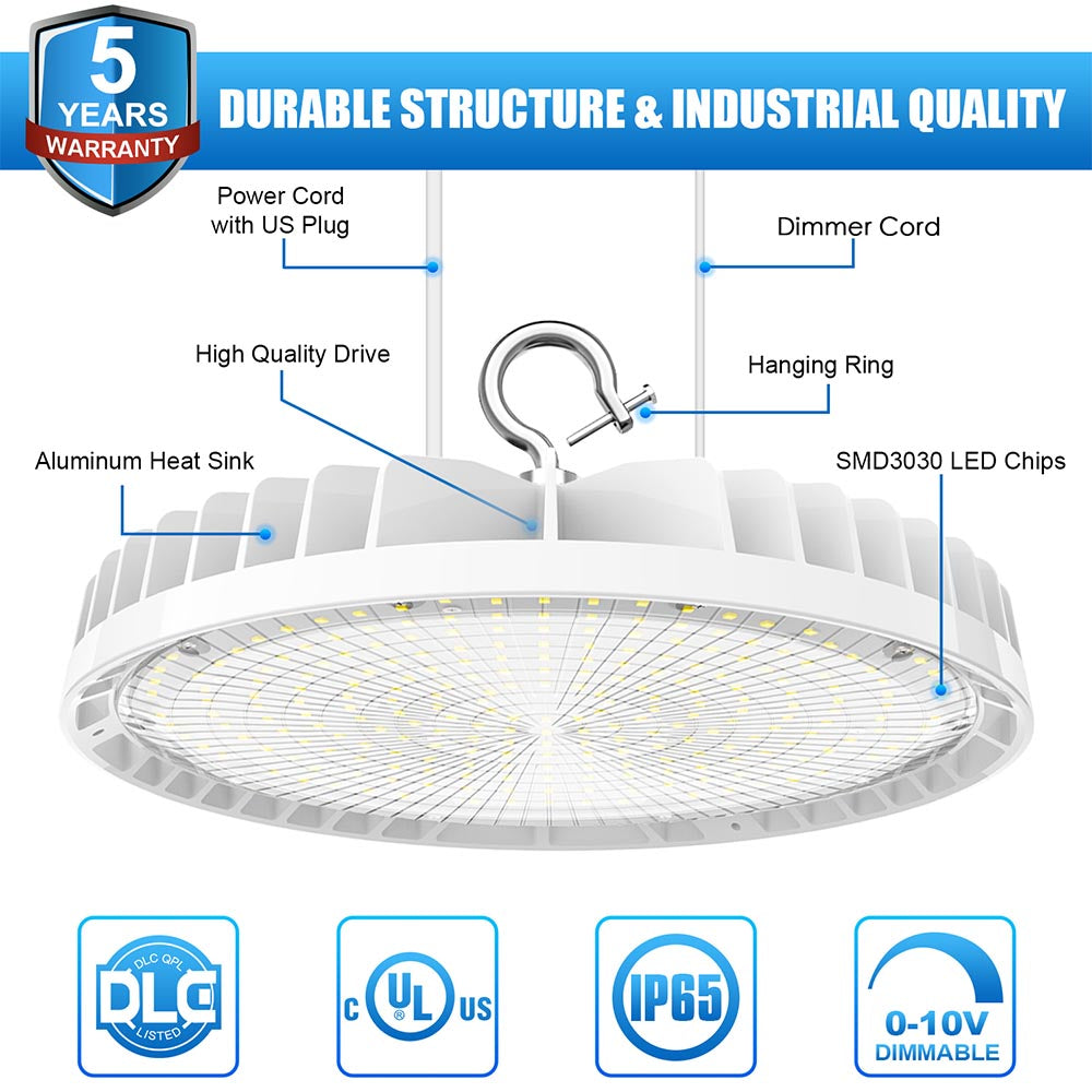 90W 120W 150W 200W 240W LED UFO High Bay Light 4500K/5000K/5700K 0-10V Dimming Shop Lights with US Plug, Wet Location UL DLC Listed