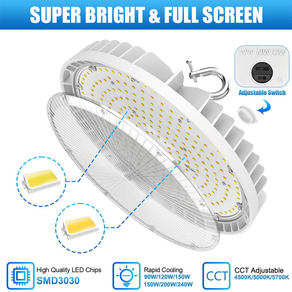 90W 120W 150W 200W 240W LED UFO High Bay Light 4500K/5000K/5700K 0-10V Dimming Shop Lights with US Plug, Wet Location UL DLC Listed