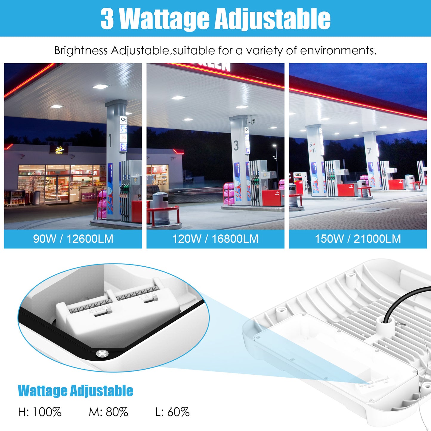 LED Canopy Light Fixture Watt Tunable 90W 120W 150W 4500K/5000K/5700K AC100-277V Waterproof IP65 Gas Station Lights for Indoor and Outdoor UL DLC Listed