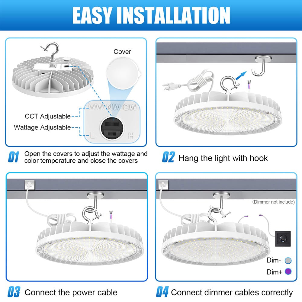 90W 120W 150W 200W 240W LED UFO High Bay Light 4500K/5000K/5700K 0-10V Dimming Shop Lights with US Plug, Wet Location UL DLC Listed