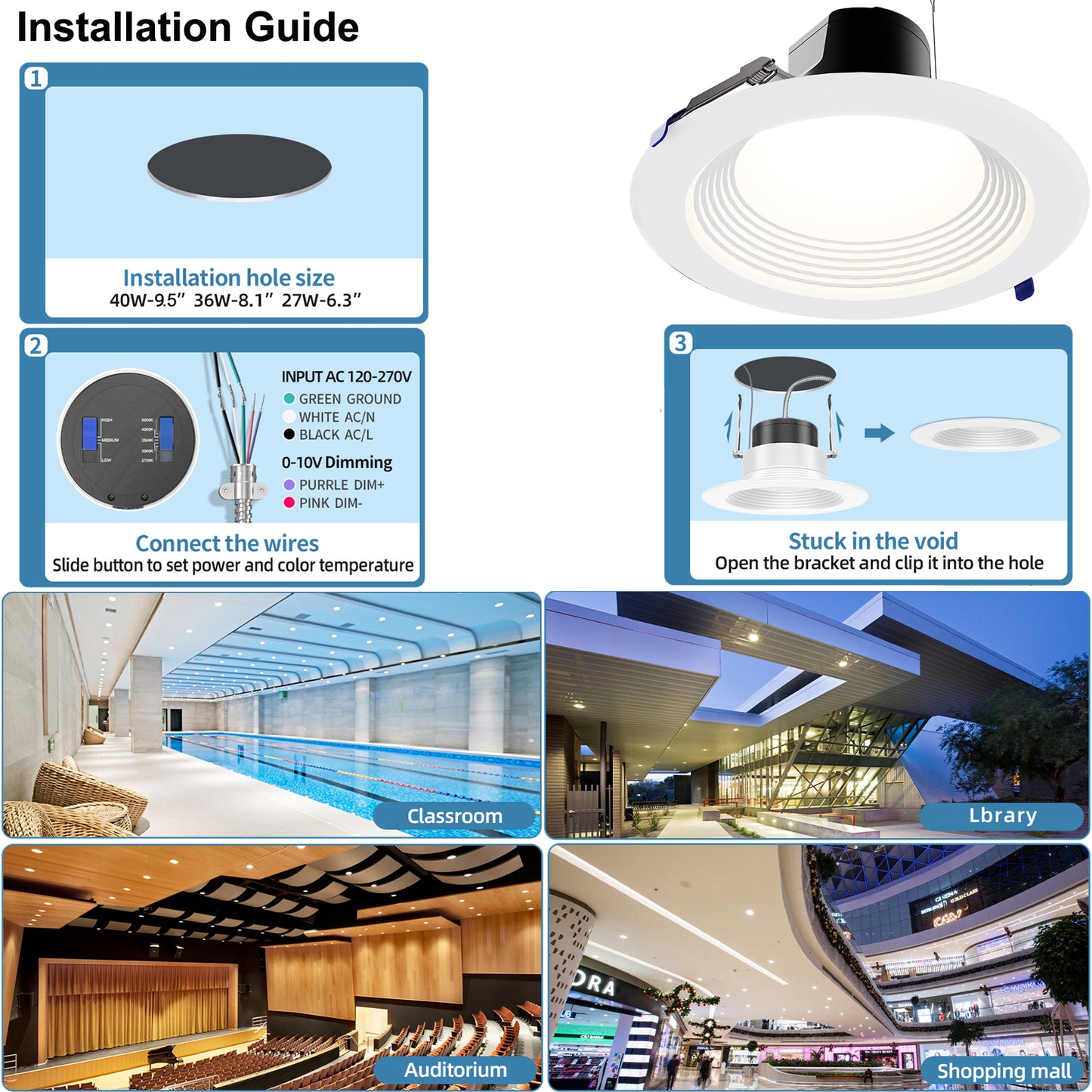 Commercial LED Downlight 6inch 8inch 9.5inch 13W-40W Power & CCT Tunable 2700K/3000K/3500K/4000K/5000K Dimmable Recessed Ceiling Lights