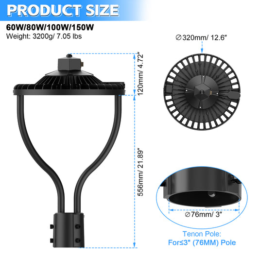 LED Post Top Circular Area Light with Photocell 60W 80W 100W 150W 3000K/4000K/5000K 3CCT Outdoor Commercial Pole Lighting