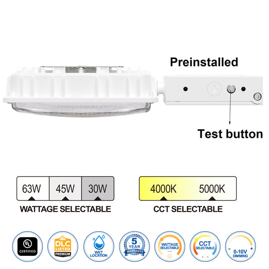 White LED Canopy Light with Emergency Battery Backup, 63W/45W/30W Selectable, 4000K/5000K, 9400 Lumens, 120-277V, UL DLC Commercial Parking Garage Lighting