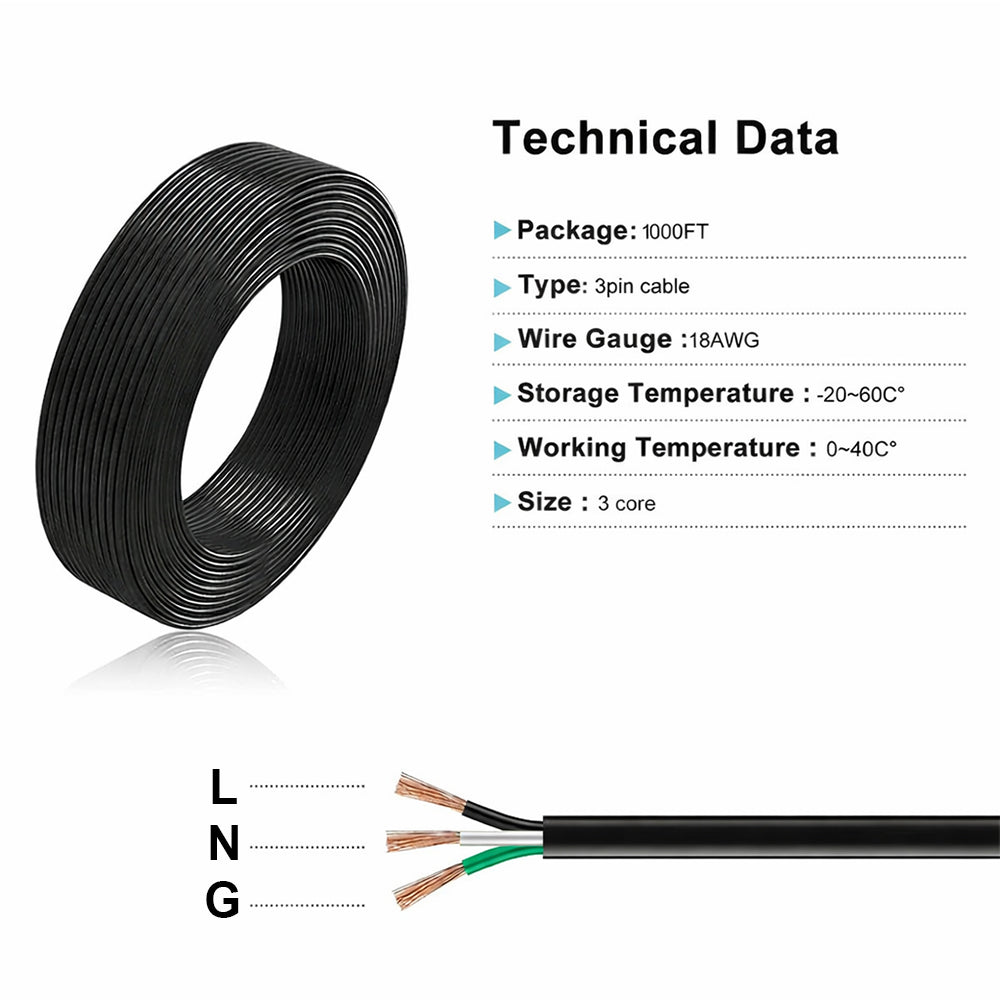 18 Gauge Electric Wire 18AWG Extension Cable Wire 1000ft 3 Conductor Copper Wire with Ground 3 Core Black Wire Cord and PVC Case (600V)