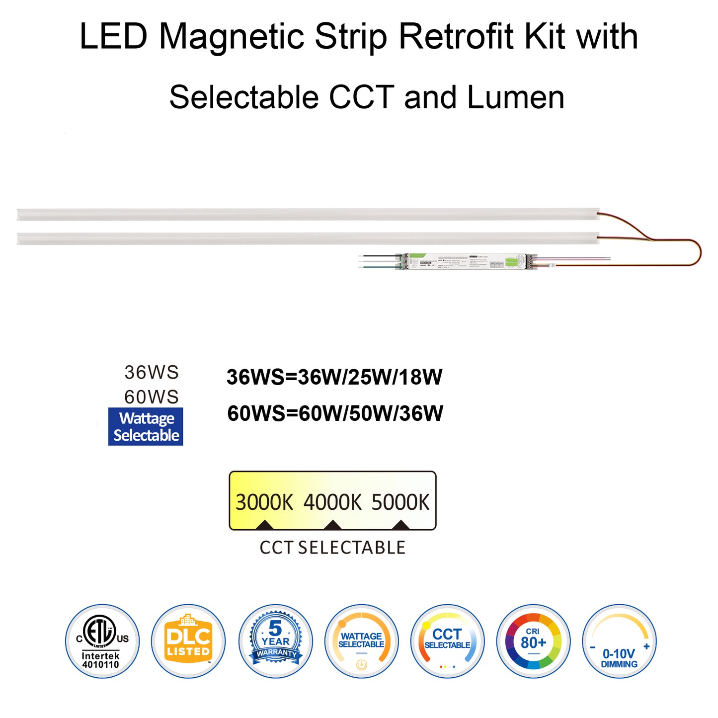 4FT LED Magnetic Retrofit Kit 60W 50W 36W 25W 18W Watt Tunable 3000K/4000K/5000K 3CCT 120-277V Dimmable Linear Strip, T8 T10 T12 Fluorescent Replacement, 5 Pack