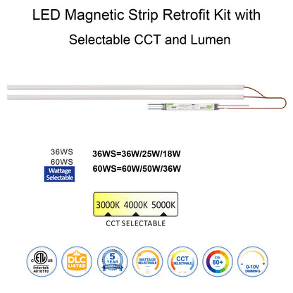 4FT LED Magnetic Retrofit Kit 60W 50W 36W 25W 18W Watt Tunable 3000K/4000K/5000K 3CCT 120-277V Dimmable Linear Strip, T8 T10 T12 Fluorescent Replacement, 5 Pack