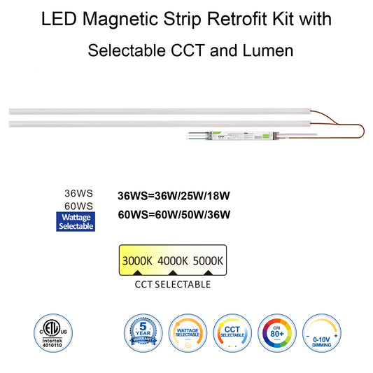 4FT LED Magnetic Retrofit Kit 60W 50W 36W 25W 18W Watt Tunable 3000K/4000K/5000K 3CCT 120-277V Dimmable Linear Strip, T8 T10 T12 Fluorescent Replacement, 5 Pack