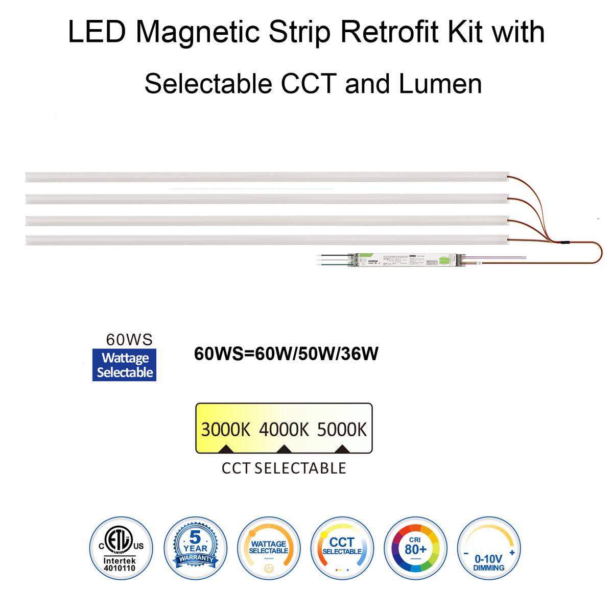 4FT LED Magnetic Retrofit Kit, 60W/50W/36W, 3CCT 3000K/4000K/5000K, 120-277V for Troffers, 4 Pack