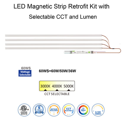 4FT LED Magnetic Retrofit Kit, 60W/50W/36W, 3CCT 3000K/4000K/5000K, 120-277V for Troffers, 4 Pack