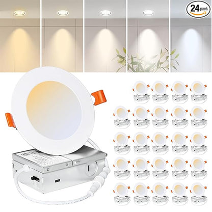 LED Recessed Lighting 4IN/9W 6IN/12W 8IN/18W Dimmable 5CCT (2700K–5000K) Ultra-Thin Canless Downlight  IC Rated Ceiling Light for Kitchen, Bathroom & Commercial Use, 24 Pack