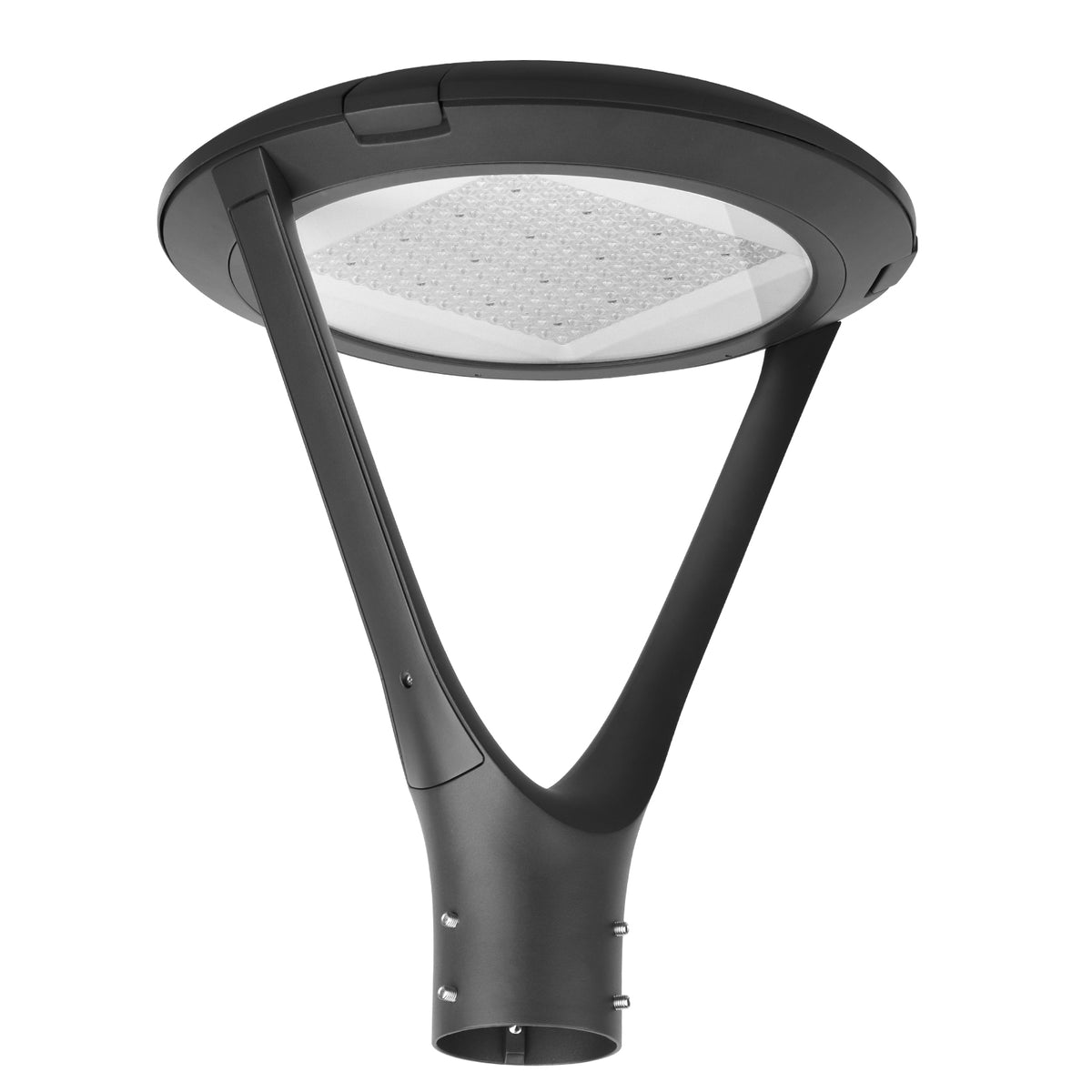 Black commercial LED post top light with Type V light distribution