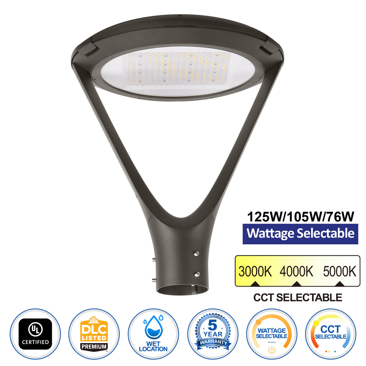Commercial LED post top light 125W 105W 76W wattage selectable