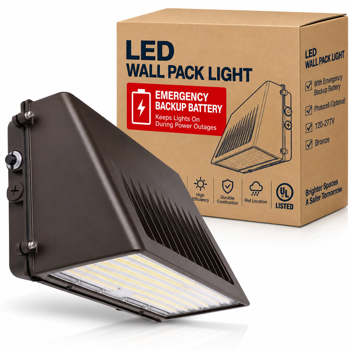Commercial LED wall pack light with emergency battery backup and photocell