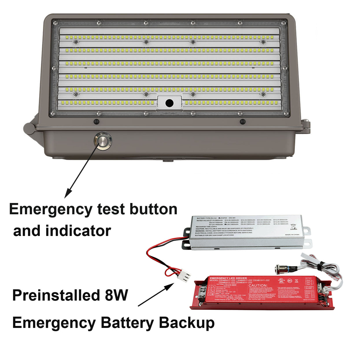Dark bronze LED wall pack with emergency battery backup 3CCT selectable