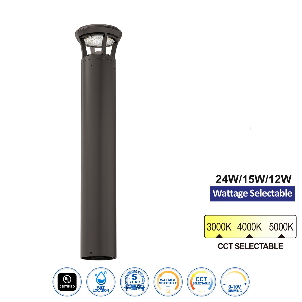 LED flat top bollard light with 24W 15W 12W selectable wattage and 3CCT for commercial outdoor pathway lighting