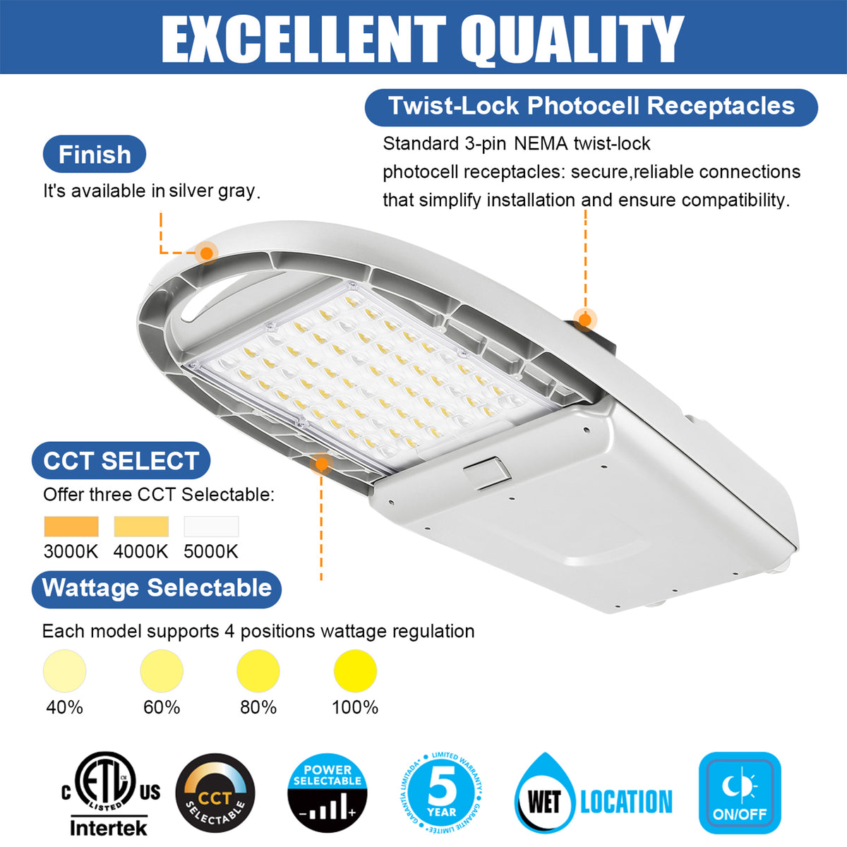 LED street light with 3000K 4000K 5000K selectable CCT for roads and parking lots