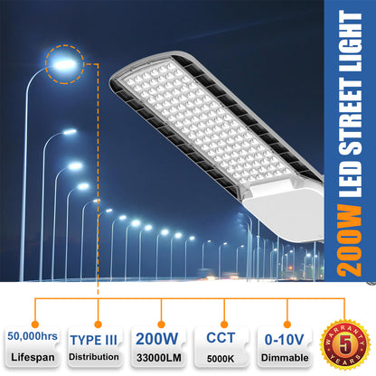 Commercial LED Road Lighting 100W 150W 200W 5000K Daylight 120-277V Dusk to Dawn Streetlights, Silver Aluminum Housing, ETL Listed