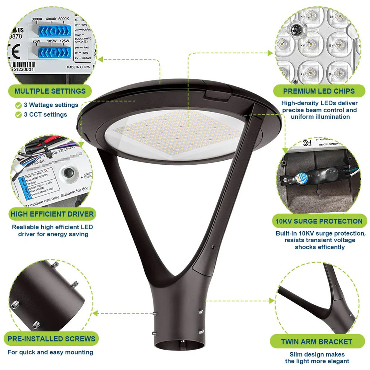 Modern LED post top light for 3 inch round pole or 3 inch tenon