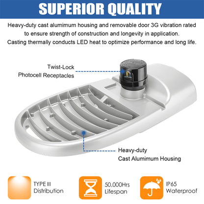 Outdoor LED street light with photocell surge protector and die-cast aluminum housing