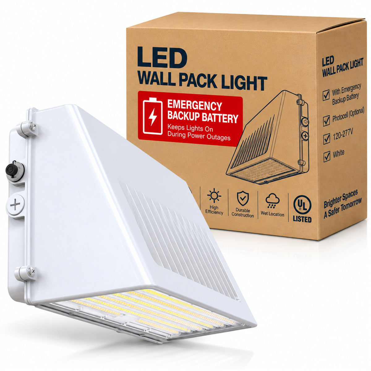 White LED wall pack light with emergency battery backup and photocell