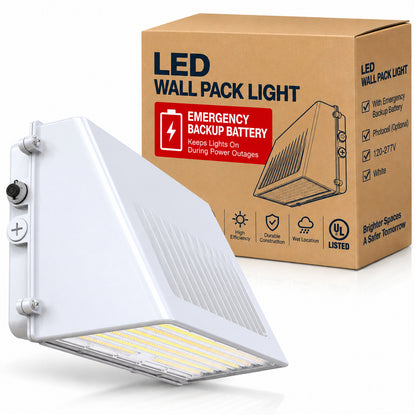 White LED wall pack light with emergency battery backup and photocell