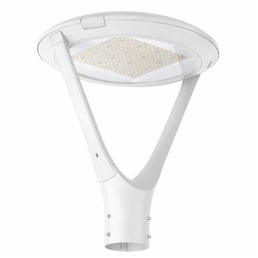 White modern LED post top light for 3 inch pole and outdoor areas