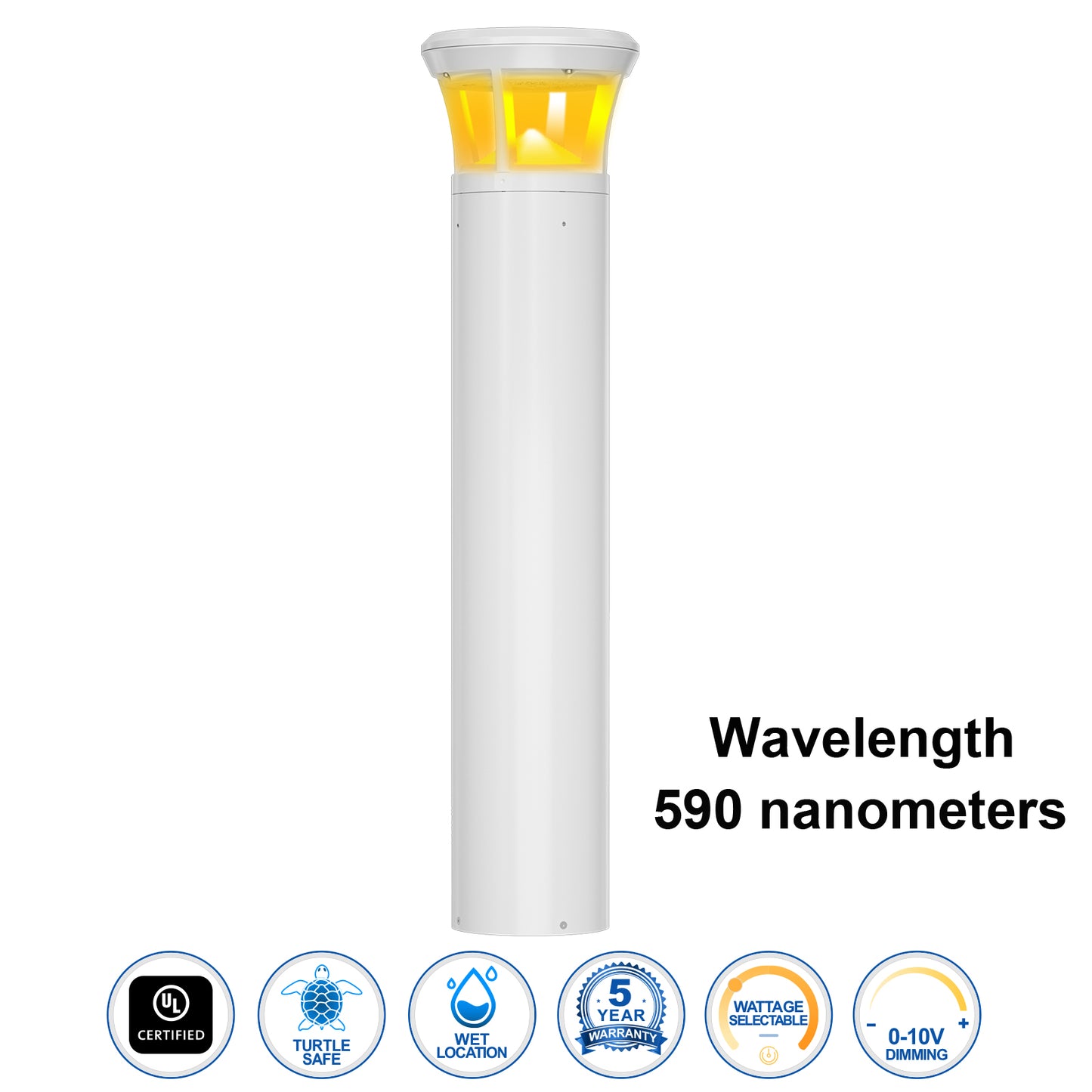 Turtle Friendly LED Bollard Light 24W 590nm Amber Pathway Lighting, 24in , 36in, 42in Available,White Finish
