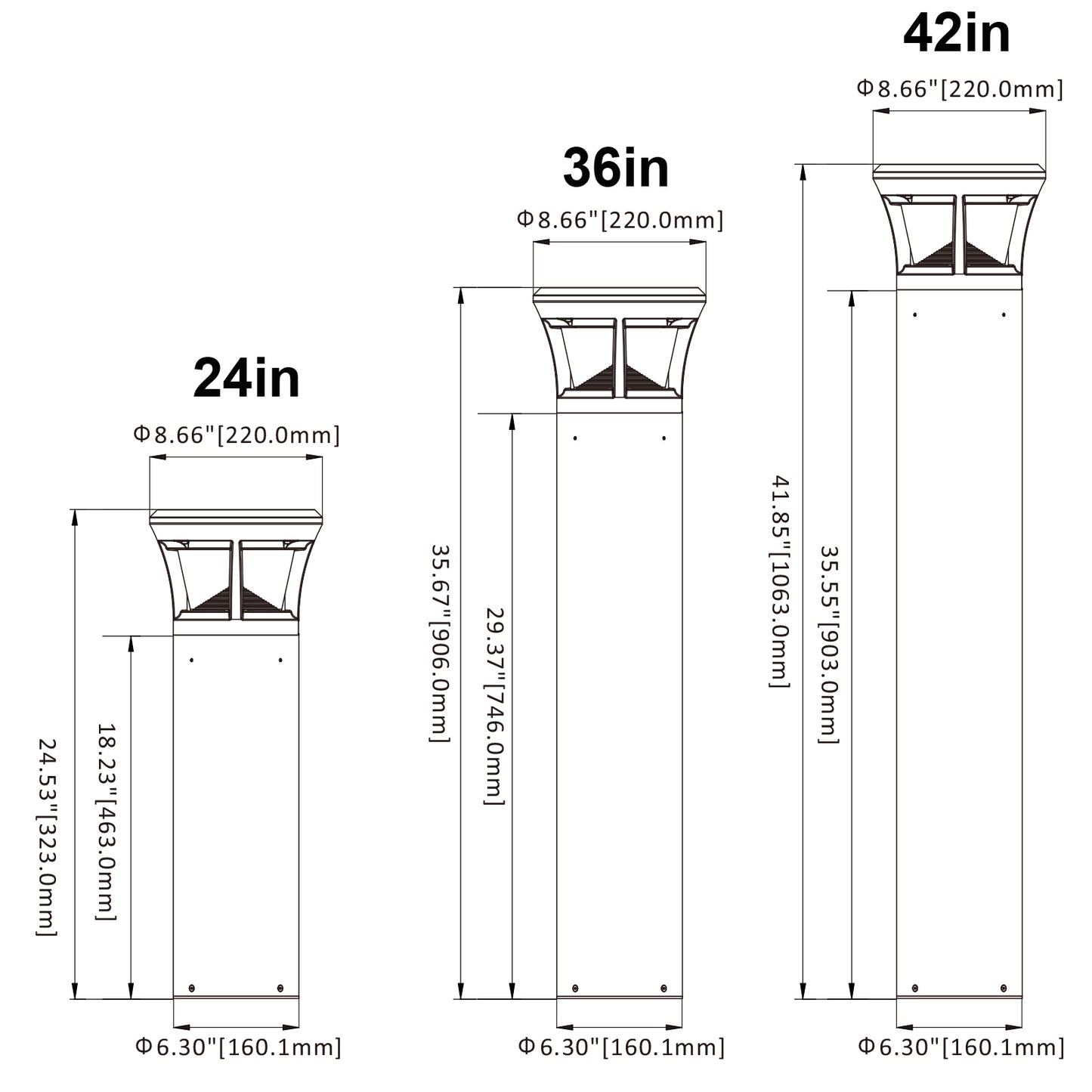 Turtle Friendly LED Bollard Light 24W 590nm Amber Pathway Lighting, 24in , 36in, 42in Available,White Finish