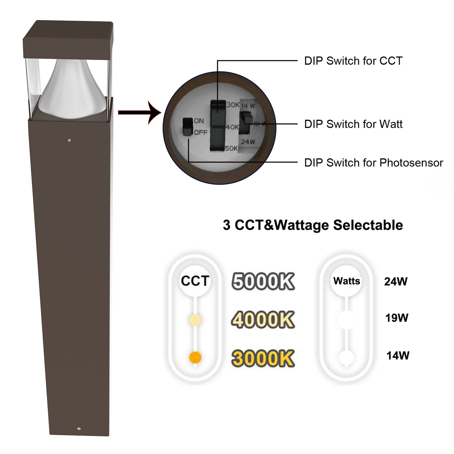 24W LED Bollard Light, Wattage & CCT Selectable Outdoor Landscape Pathway Light, 120-277V Commercial Garden Lighting Fixture
