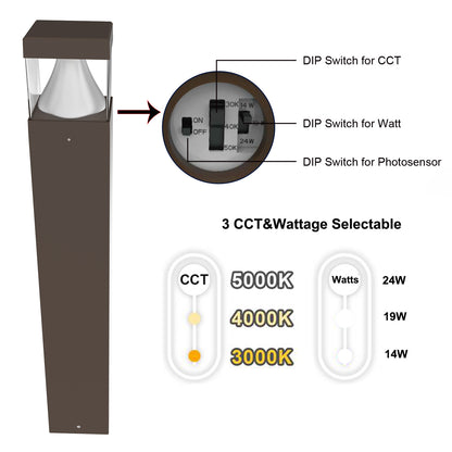 24W LED Bollard Light, Wattage & CCT Selectable Outdoor Landscape Pathway Light, 120-277V Commercial Garden Lighting Fixture
