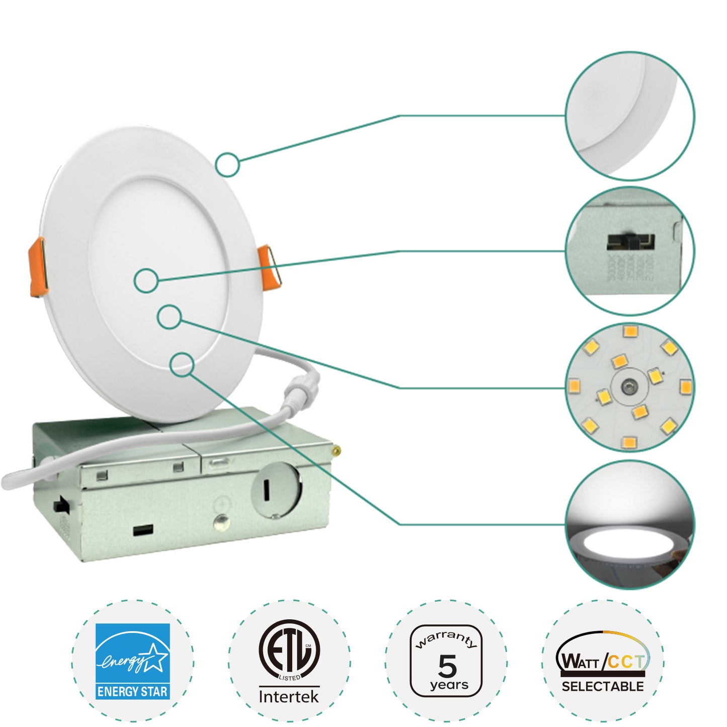 LED Recessed Lighting 4IN/9W 6IN/12W 8IN/18W Dimmable 5CCT (2700K–5000K) Ultra-Thin Canless Downlight  IC Rated Ceiling Light for Kitchen, Bathroom & Commercial Use, 24 Pack