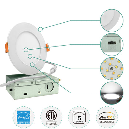 LED Recessed Lighting 4IN/9W 6IN/12W 8IN/18W Dimmable 5CCT (2700K–5000K) Ultra-Thin Canless Downlight  IC Rated Ceiling Light for Kitchen, Bathroom & Commercial Use, 24 Pack