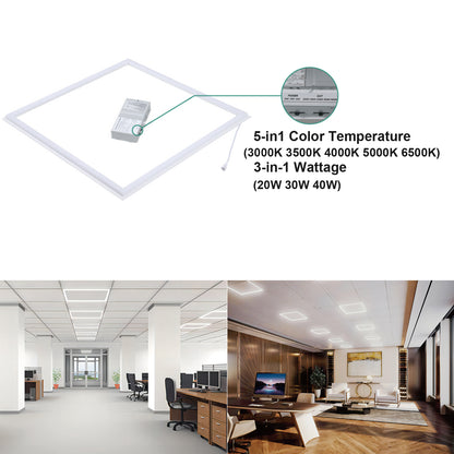 2x2 LED Frame Panel Light, Edge-Lit Flat Panel, 5CCT 3000K–6500K, Wattage Selectable 20W/30W/40W, 0-10V Dimmable, 100-277V Commercial Drop Ceiling Light for Office, School, Hospital, 6 Pack