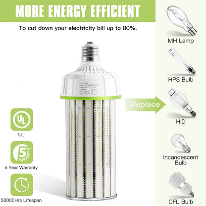 80W 100W 120W 160W 200W 250W 300W 5000K Daylight E39 Large Mogul Base LED Corn Light Bulb, High Voltage Optional for Garage Warehouse UL Listed