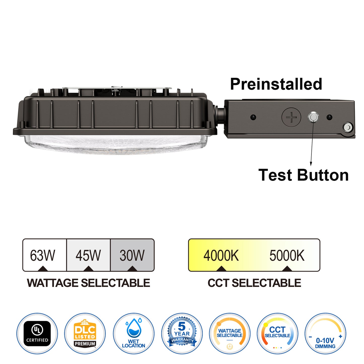 LED Canopy Light with Emergency Battery Backup – 63W/45W/30W Selectable, 4000K/5000K, 9400 Lumens, 120-277V, UL DLC, IP65 Commercial Gas Station & Parking Garage Lighting
