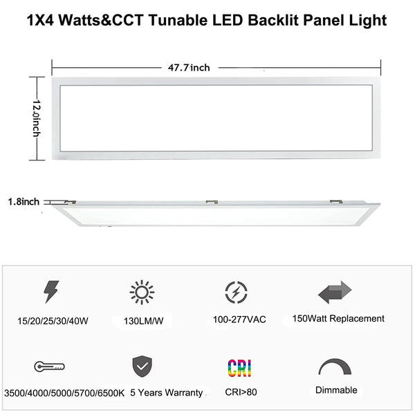 1x4 FT LED Ceiling Panel Light 40W Watt & Color Tunable 5CCT 5000LM ...