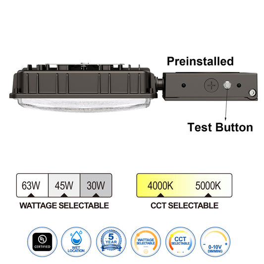 LED Canopy Light with Emergency Battery Backup – 63W/45W/30W Selectable, 4000K/5000K, 9400 Lumens, 120-277V, UL , IP65 Commercial Gas Station & Parking Garage Lighting