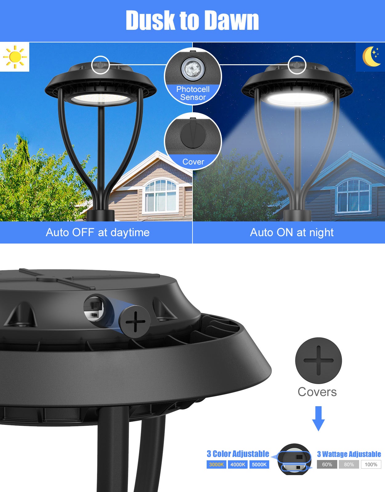 LED Circular Post top Light with Photocell 60W 80W 100W 150W 3CCT ...