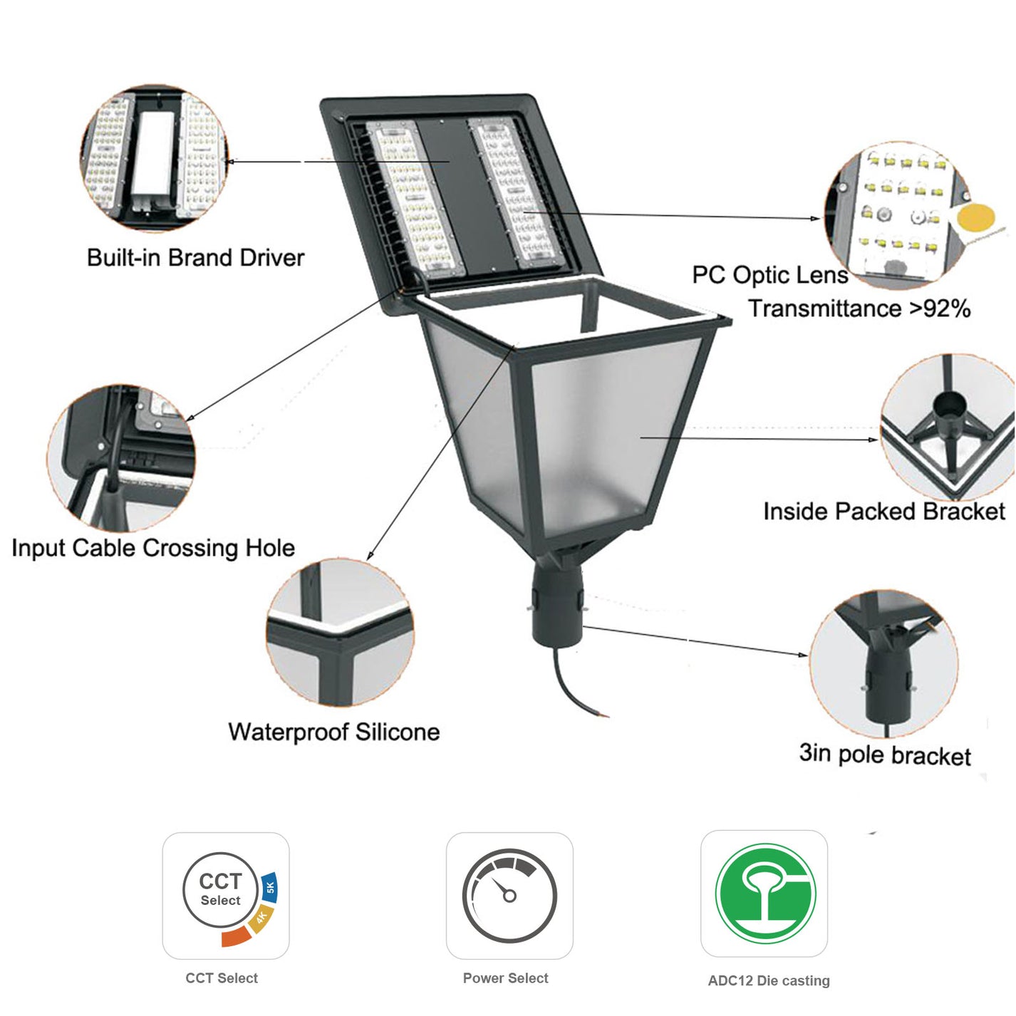 Lantern LED Post Top Light Fixture 30W 60W 100W 120W 3000K 4000K 5000K ...