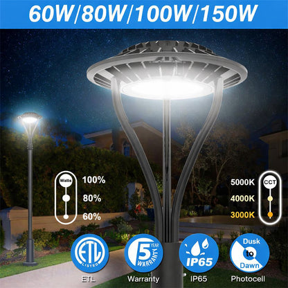LED Street Post Top Area Circular Lights with Photocell 60W 80W 100W 150W 3000K/4000K/5000K Tunable Outdoor Security Pole Light  ETL Listed