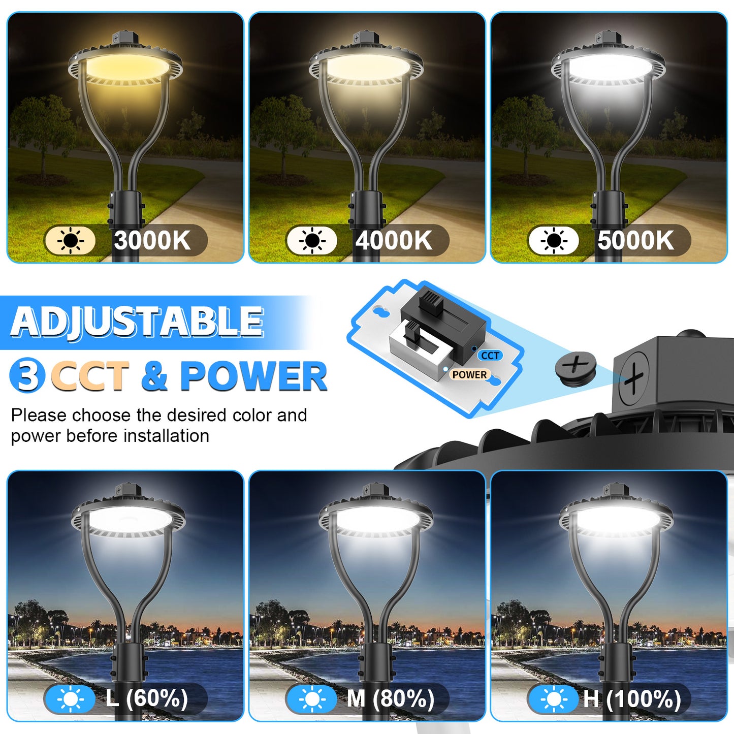 LED Post Top Circular Area Light with Photocell 60W 80W 100W 150W 3000K/4000K/5000K 3CCT Outdoor Commercial Pole Lighting