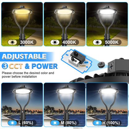 LED Post Top Circular Area Light with Photocell 60W 80W 100W 150W 3000K/4000K/5000K 3CCT Outdoor Commercial Pole Lighting