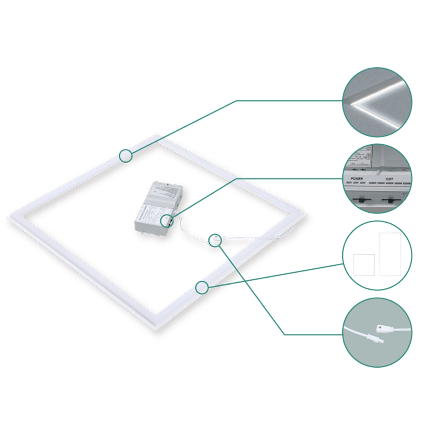 2x2 LED Frame Panel Light, Edge-Lit Flat Panel, 5CCT 3000K–6500K, Wattage Selectable 20W/30W/40W, 0-10V Dimmable, 100-277V Commercial Drop Ceiling Light for Office, School, Hospital, 6 Pack