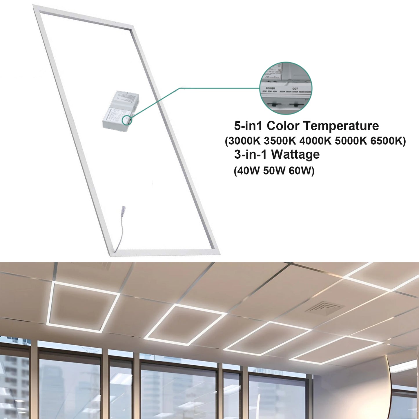 2x4 LED Panel Light, Edge-Lit Frame, 5CCT 3000K–6500K, Wattage Selectable 40W/50W/60W, 6 Pack